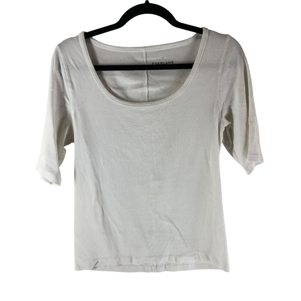 Everlane Womens The Luxe Rib Scoop-Neck Tee Top Pima Cotton White XL